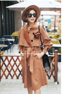 瑞丽模特王翔同款栗棕色麂皮可脱卸立体花风衣名媛风