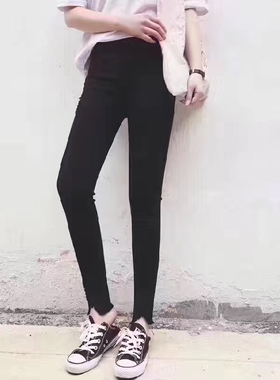 韩版薄款黑色显瘦一粒扣小脚裤铅笔裤缺口设计松紧腰网红泫雅小众