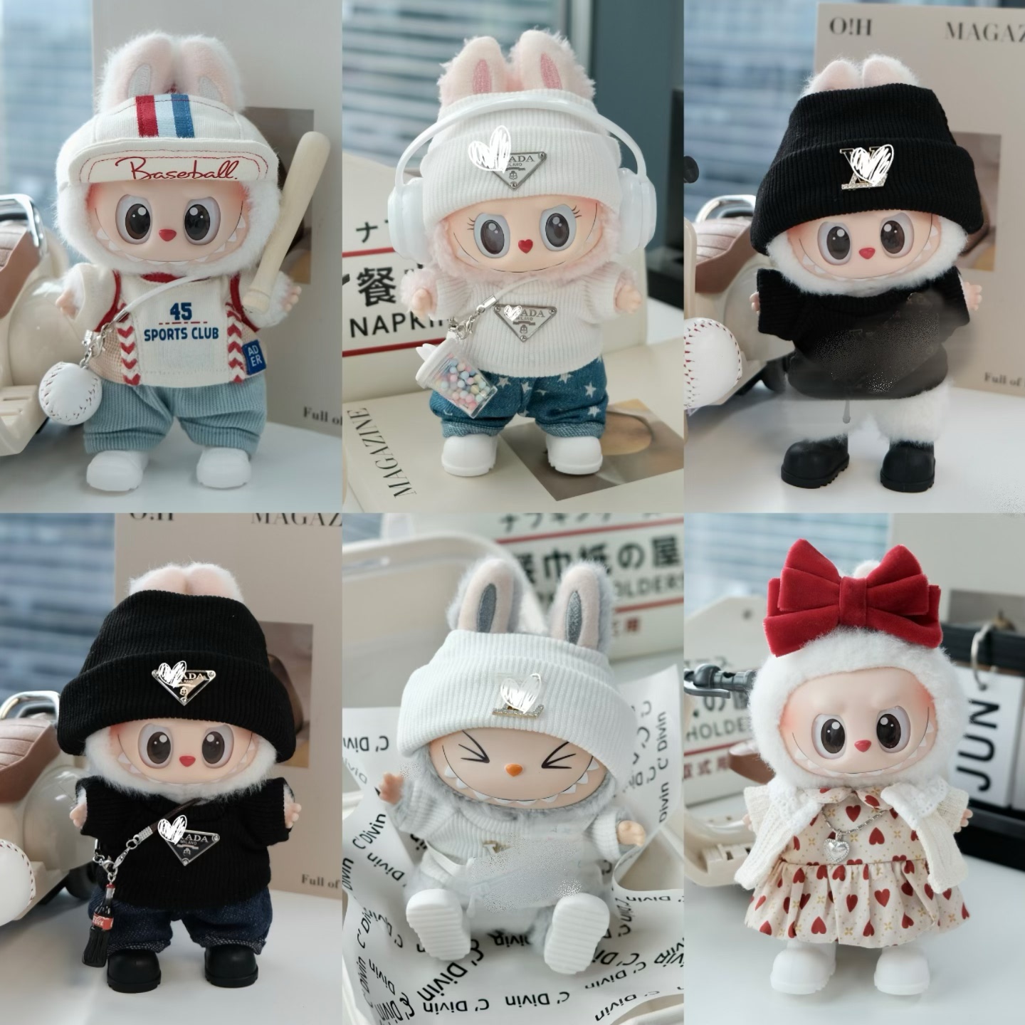 拉布布娃衣17cm搪胶盲盒挂件衣服套装背带裤包含鞋子眼镜labubu