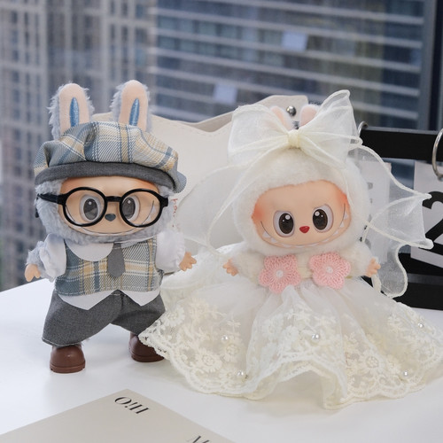 Labubu娃衣17cm拉布布搪胶挂件婚礼 礼服婚纱 心动马卡龙一代三代