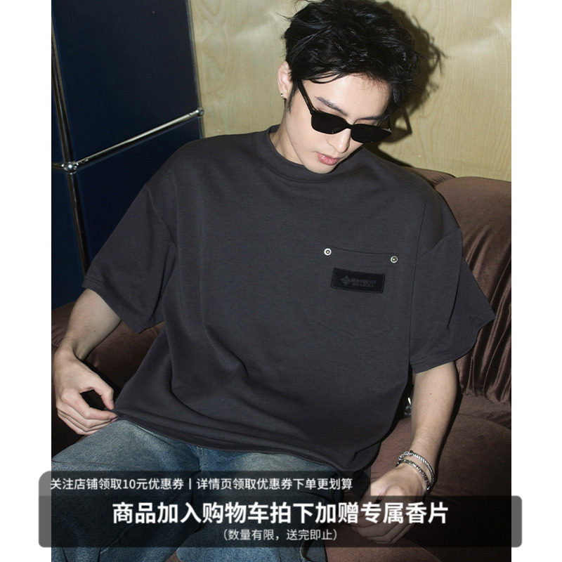 MIDASHAND25ss莱赛尔金属徽章美式口袋字母logo宽松圆领短袖男t恤