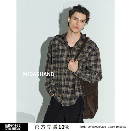 MIDASHAND26AW复古格子连帽衬衫