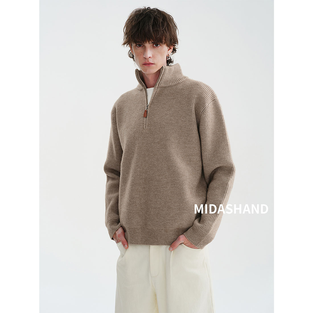 MIDASHAND 重磅男生立领毛衣老钱半拉链学院风针织衫外套春季新款