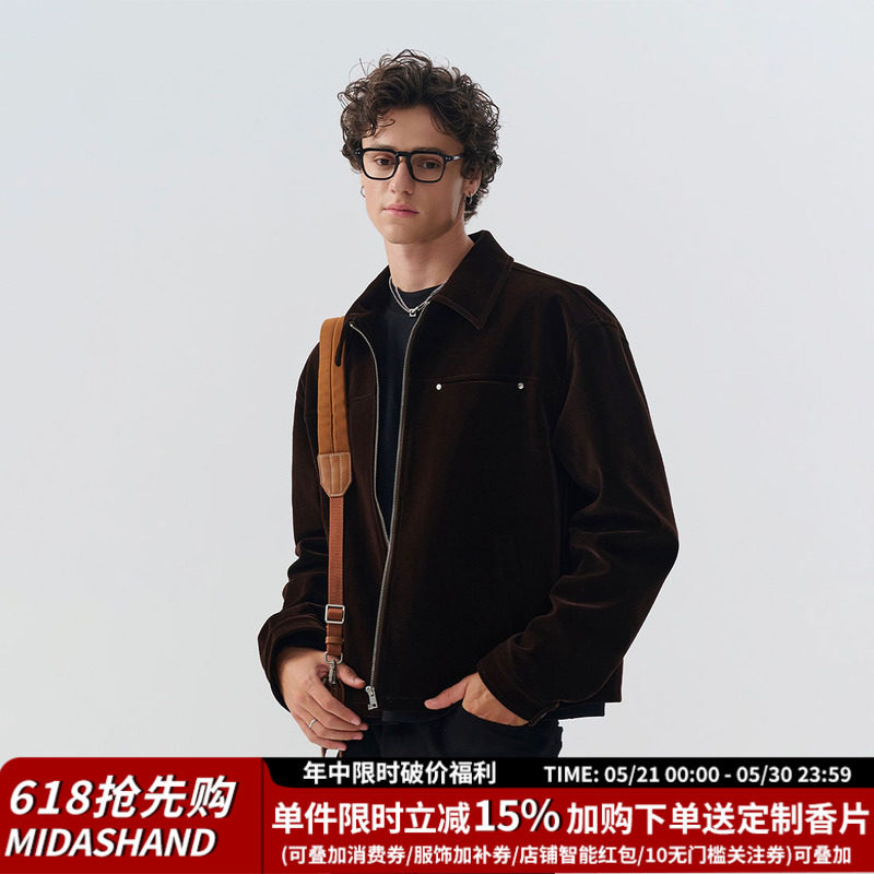 吴俊霆同款丨MIDASHAND 丝绒琥珀夹克外套男春季老钱翻领重工外衣