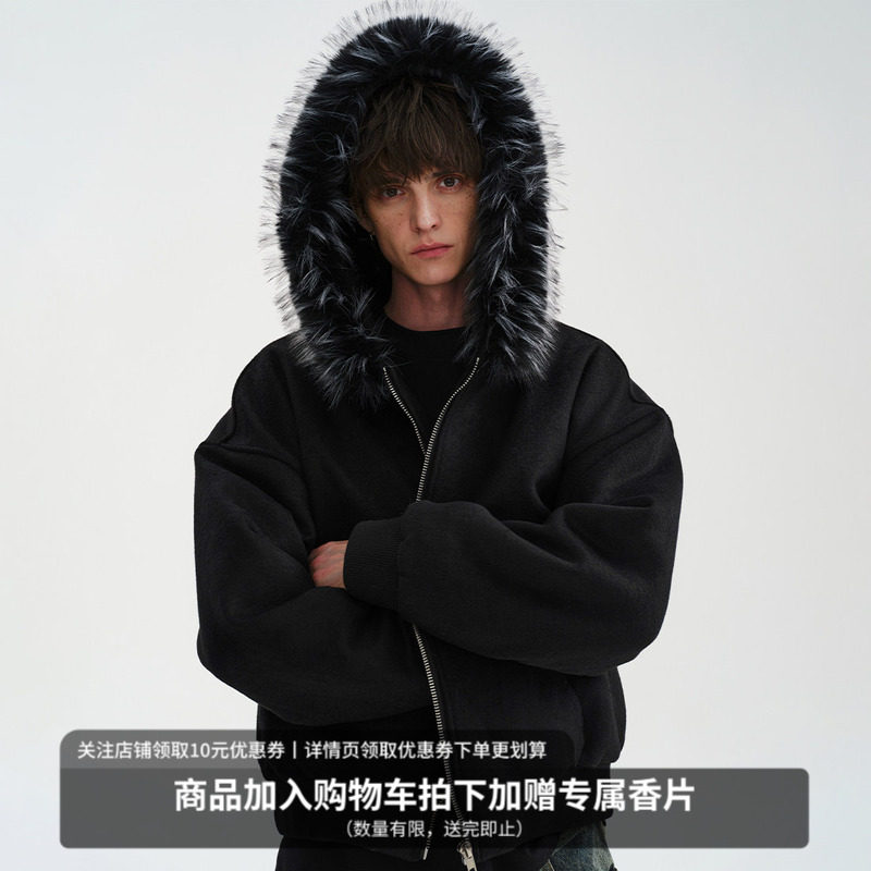 MIDASHAND 25aw双面羊毛座山雕连帽夹克人造貂毛毛领加厚棉服男