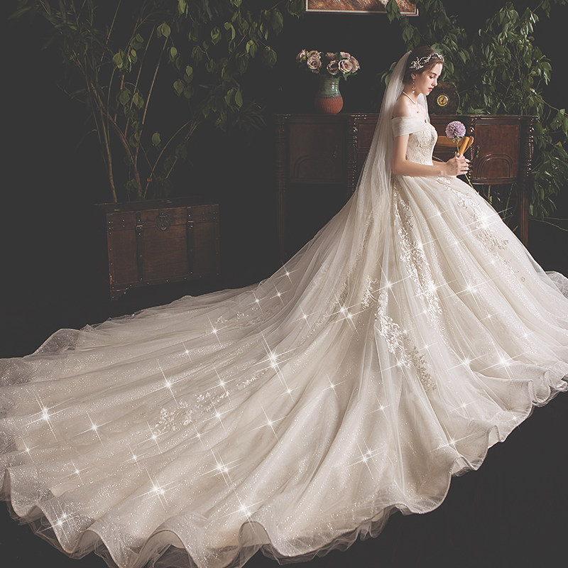 一字肩婚纱礼服2020新款新娘气质拖尾豪华奢侈赫本森系超仙梦幻女