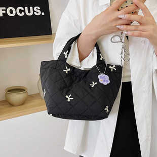 2024新款 手挽包 蝴蝶结手提包女士休闲百搭手拎包菱格棉服时尚