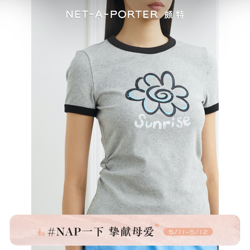 [新品]SHORT SENTENCE短句春季女缩褶印花罗纹短袖T恤NAP颇特