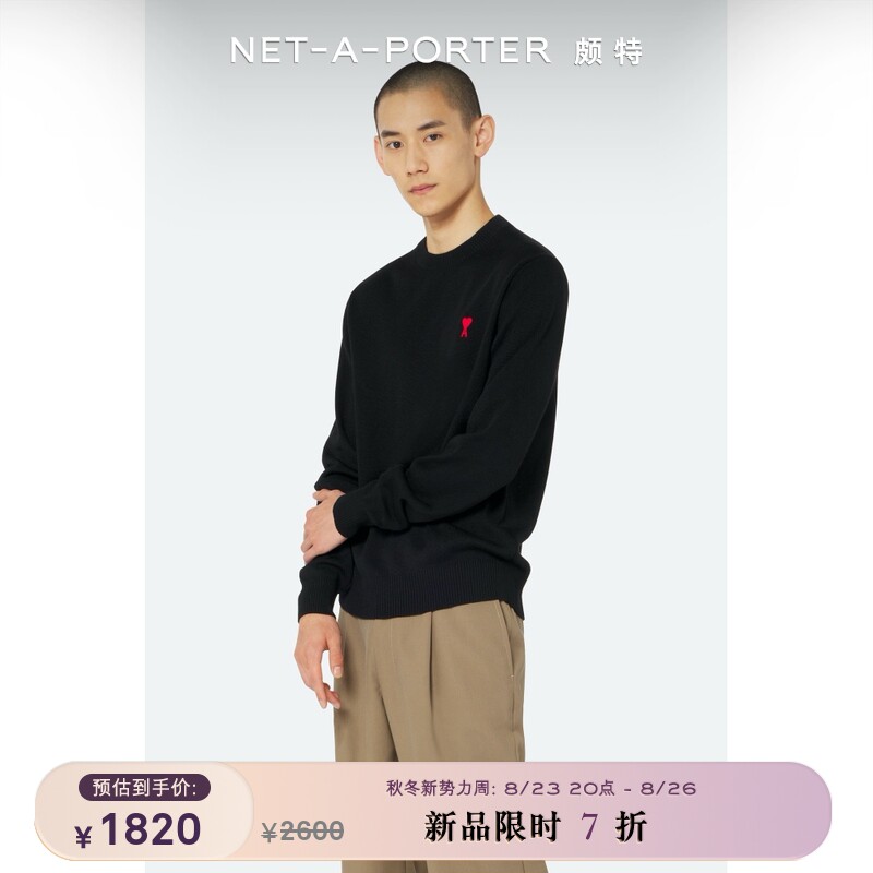 [经典款]AMI男女同款爱心嵌花黑色羊毛毛衣mr porter_虎窝淘