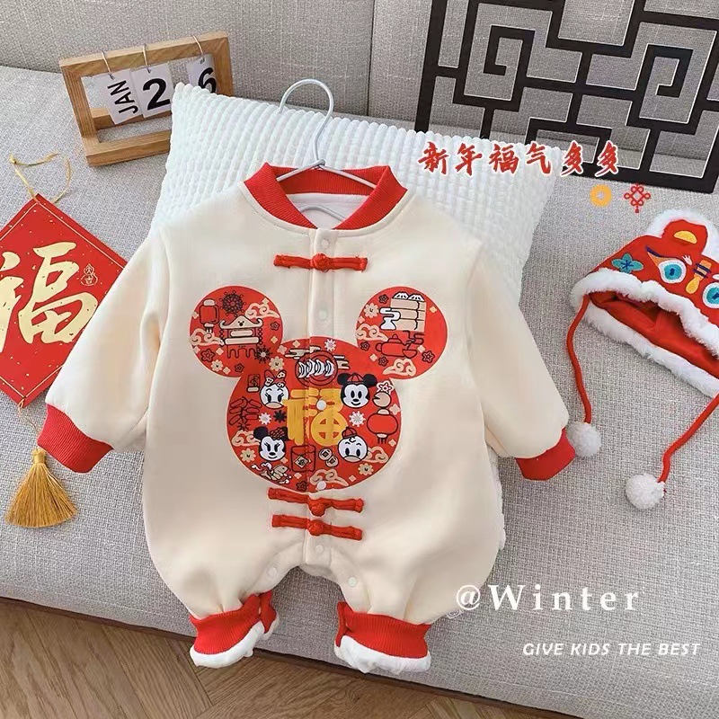 新年加绒中国风婴儿拜年服冬季过年1岁宝宝新生儿连体衣2月保暖衣