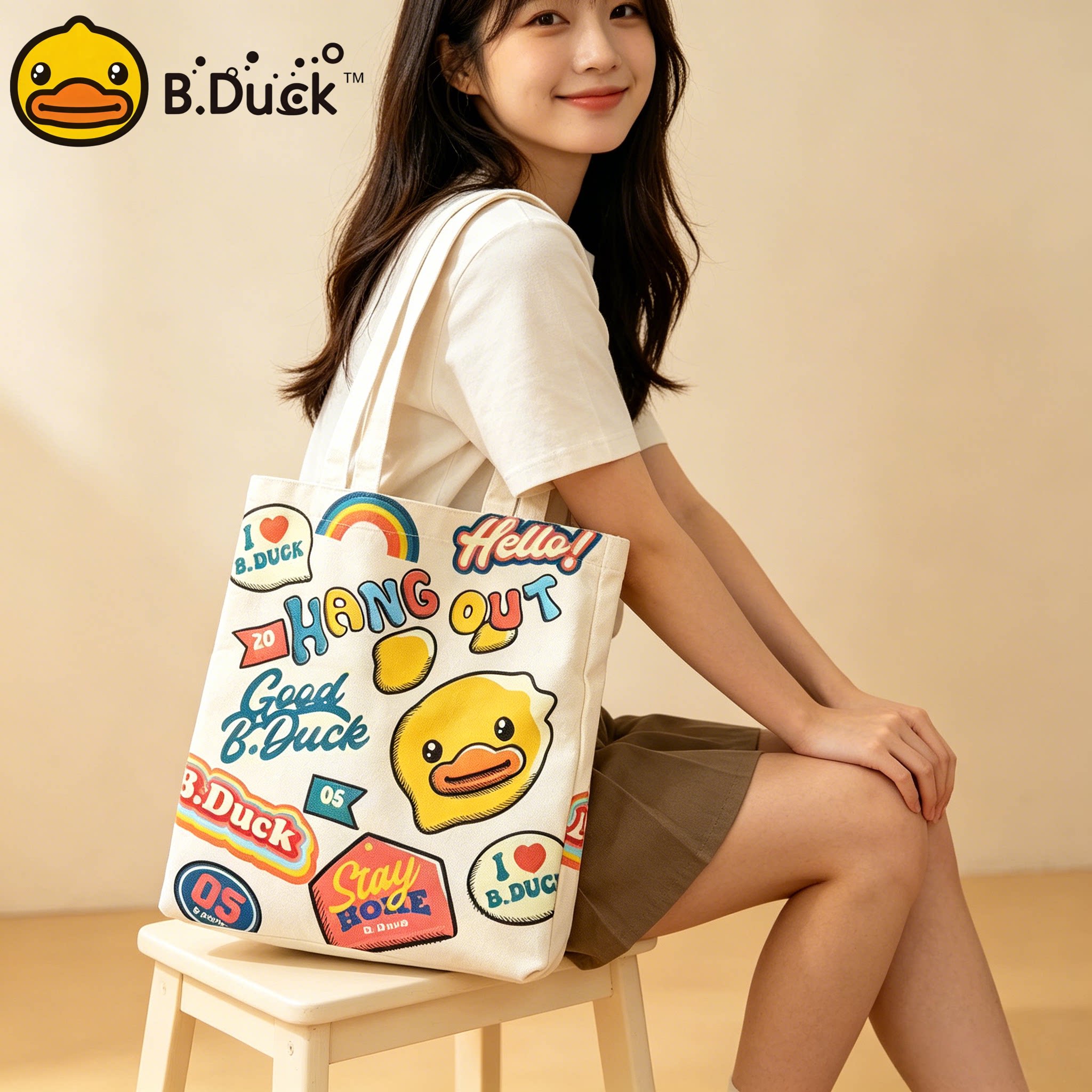 B.Duck小黄鸭短绒帆布单肩包