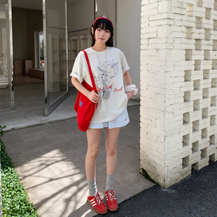 印花T恤基础夏季 SadSoil原创兰花短袖 复古慵懒宽松显瘦纯棉上衣女