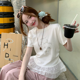 甜美蕾丝下摆拼接白色短袖 小众设计感正肩上衣 t恤女2025新款 夏季