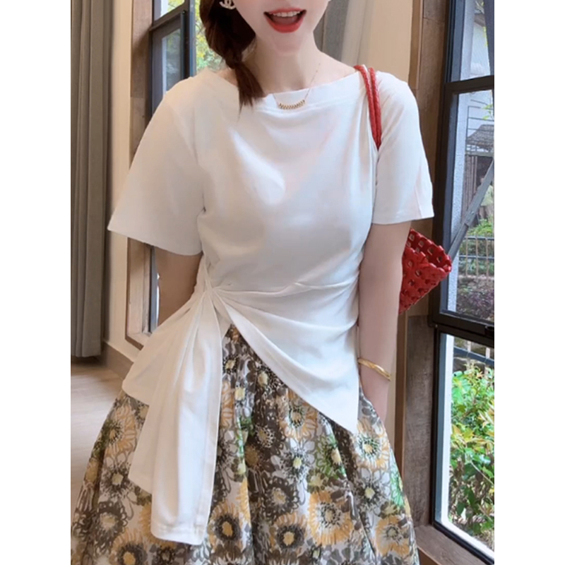 高级感白色正肩短袖t恤女