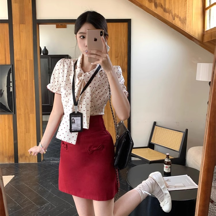 法式千金波点衬衫套装高