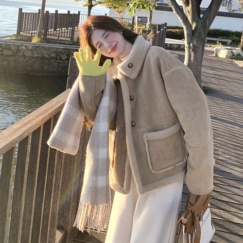 两面穿麂皮绒羊羔毛短外套女冬季皮毛一体小个子减龄棉服修身通勤