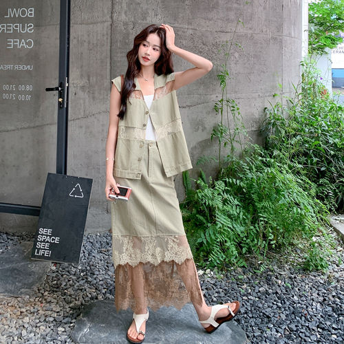 女夏季蕾丝拼接V领宽松显瘦套装