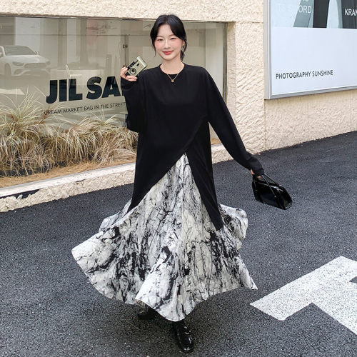 潮流2026设计感长袖卫衣水墨印花半身裙两件套女秋季套装修身法式