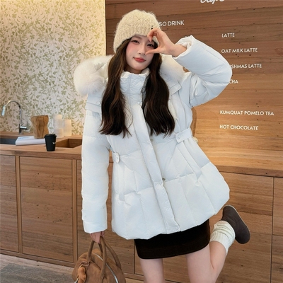 2025冬新款白色毛领收腰羽绒服