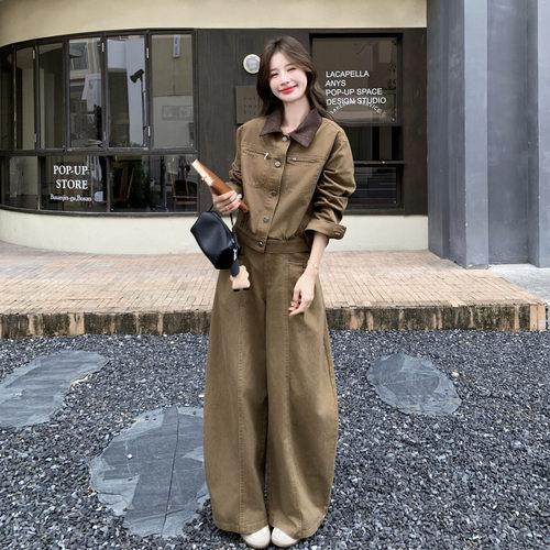 年轻工装风翻领外套阔腿裤两件套女秋季显瘦套装氛围感中老修身奢