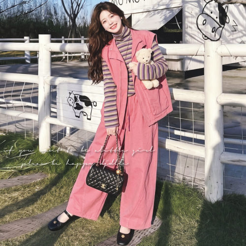 粉色工装马甲阔腿裤条纹T恤两件套女2026秋季宽松套装独特流行气