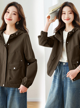 休闲风连帽短外套女宽松显瘦小个子军绿色夹克春秋