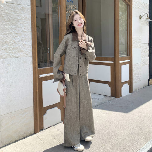 老钱风毛呢外套长裤套装女秋季新款高级漂亮时髦感两件套气质潮流