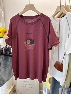 百搭上衣服 胖mm特大码 纯棉300斤短袖 T恤女夏季 宽松显瘦明线插肩袖