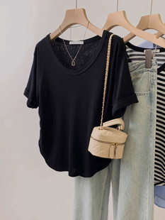 设计感小众不规则显瘦遮肉胖mm上衣 t恤女夏季 特大码 300斤V领短袖