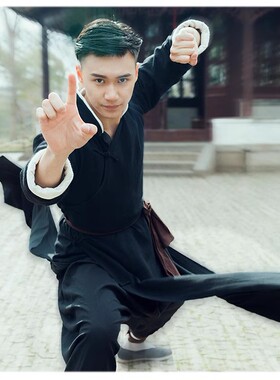中国风棉麻长衫男黄飞鸿洪拳同款长袍太极拳武打功夫演出服套装男