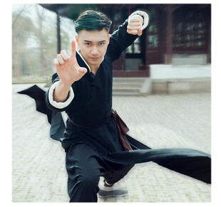 中国风棉麻长衫男黄飞鸿洪拳同款长袍太极拳武打功夫演出服套装男