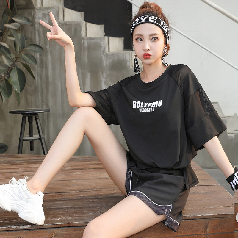 夏季网纱胖mm短裤跑步套装瑜伽服