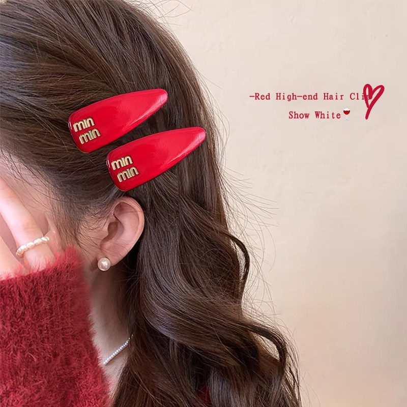 新年红色皮质发夹女甜酷前额刘海夹侧边夹百搭弹簧夹过年发卡头饰