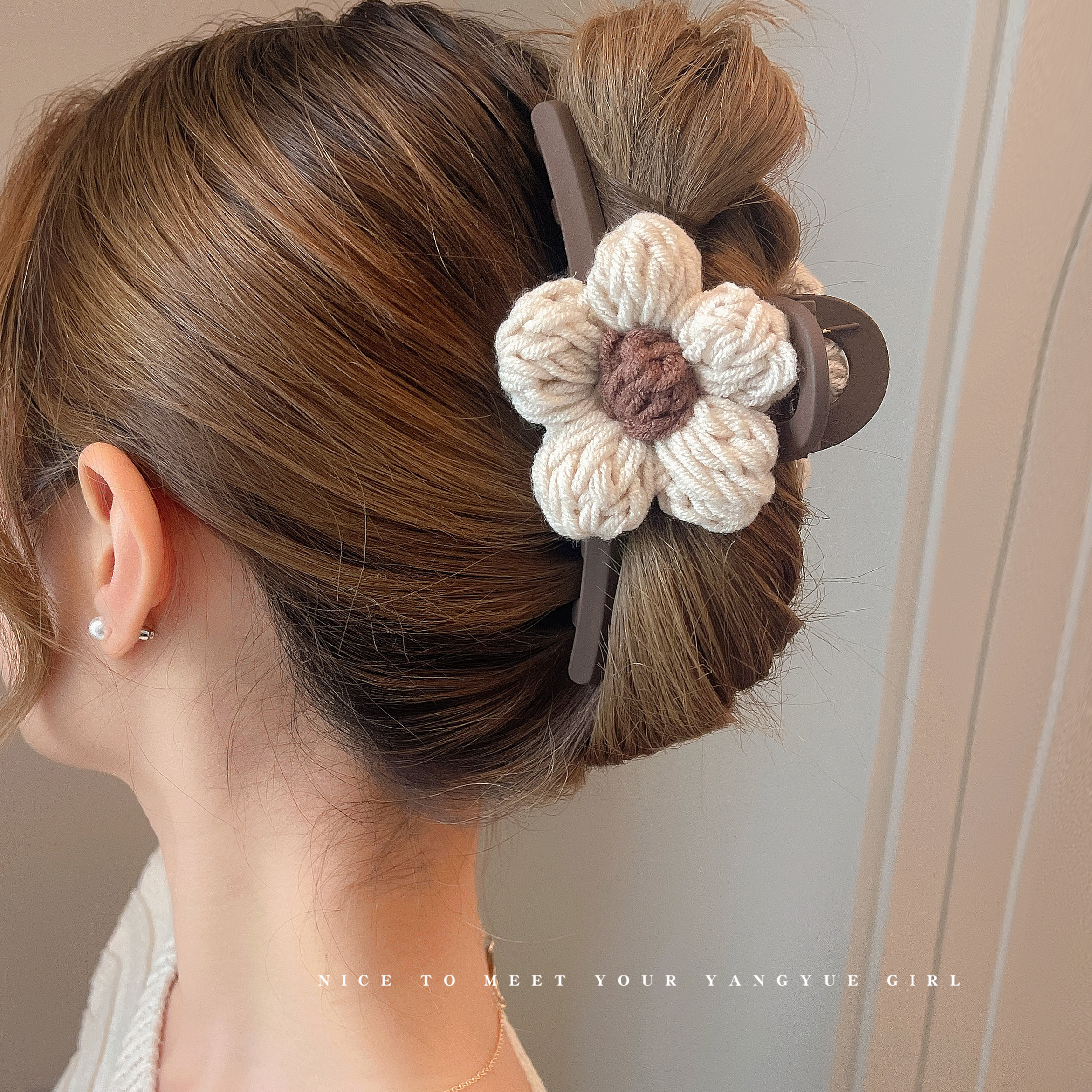 仰岳抓夹秋冬奶咖色系毛线发抓