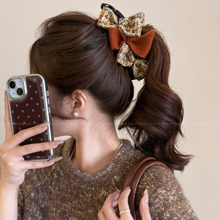 小香风毛呢香蕉夹多层蝴蝶结发夹女大号发量多马尾夹后脑勺盘发夹