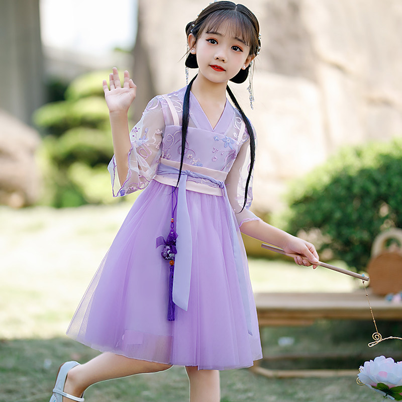 汉服女童夏季中国风2022新款古装超仙儿童唐装春秋公主裙紫色短袖