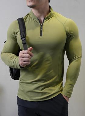 秋冬男动长袖T恤秋季新健身跑步半拉长袖衣黑色POLO立领纹理锦纶