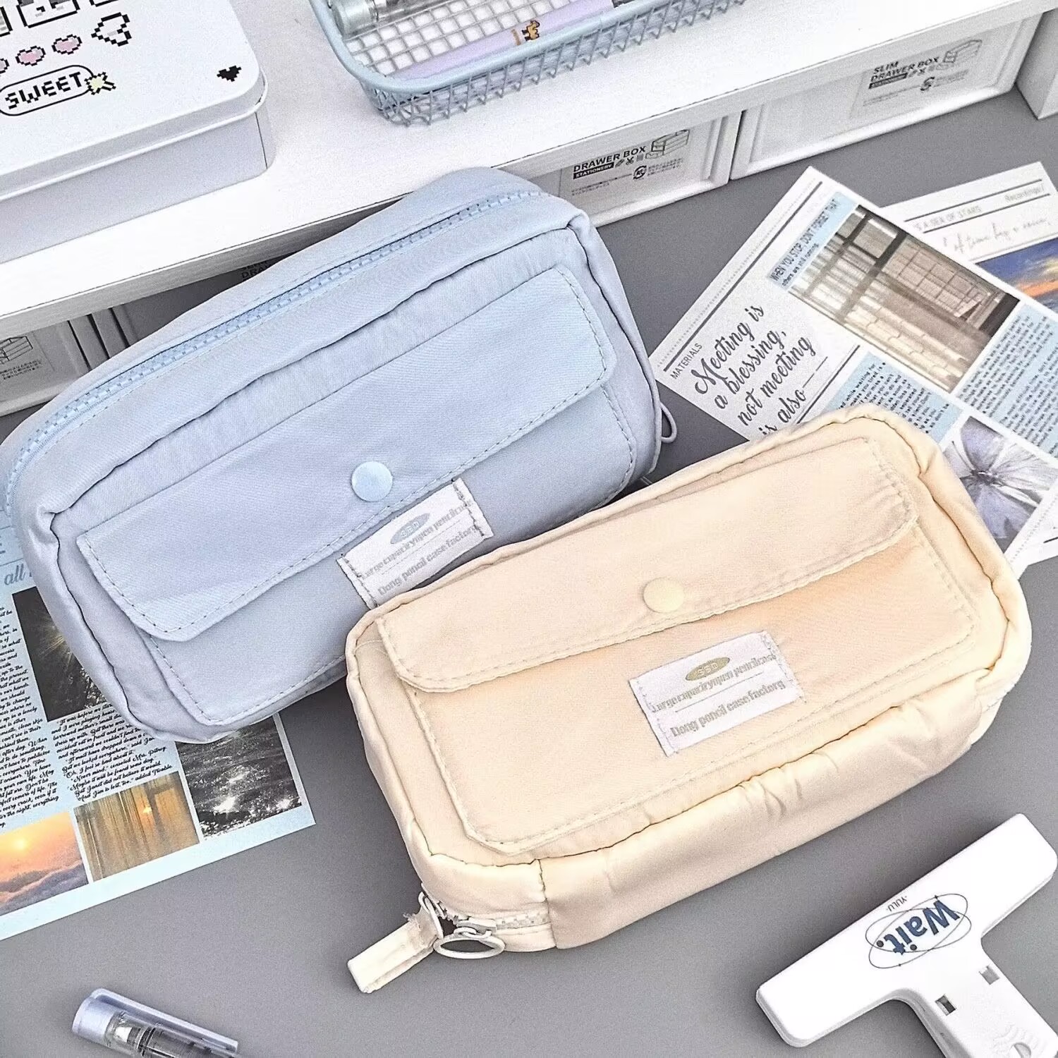 高颜值多层文具袋大容量简约笔袋帆布文具盒学生带内袋铅笔盒学生