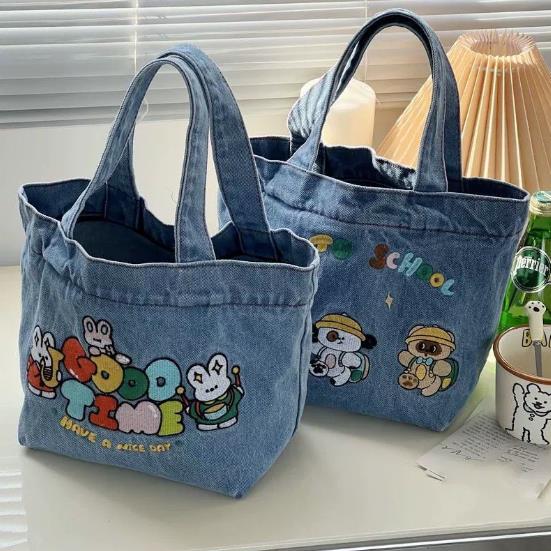 日系卡通刺绣水洗牛仔大容量手提包学生可爱手提袋水桶便当餐盒包