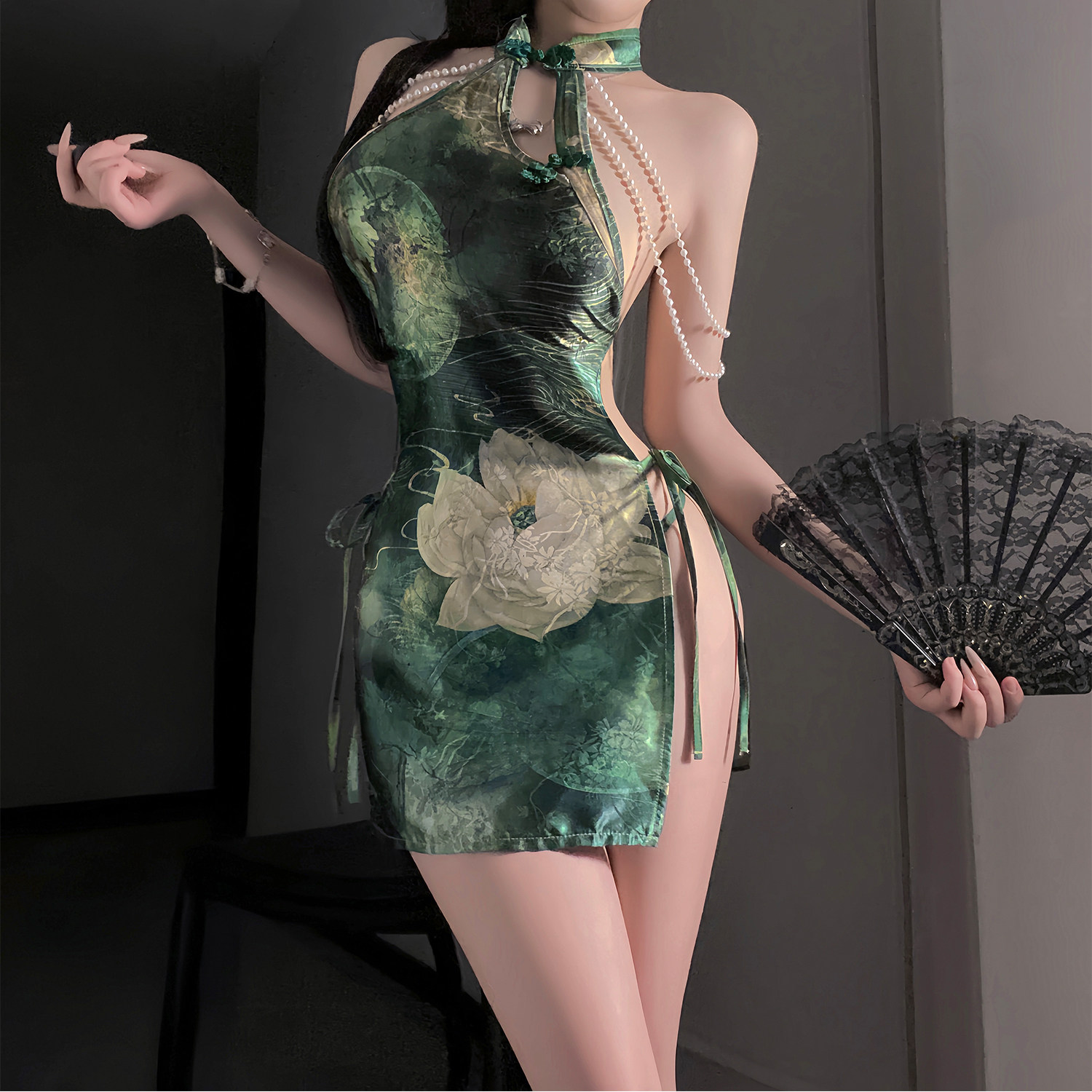性感旗袍时尚珍珠挂脖连衣裙情调