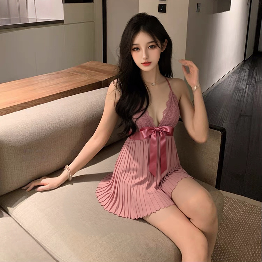 粉色性感蕾丝蝴蝶结深V吊带睡裙