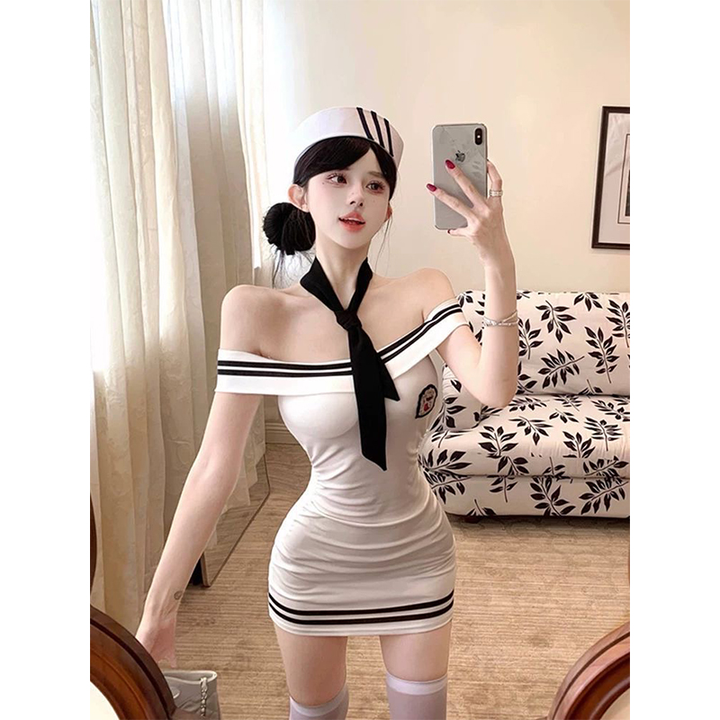 海军水手服cos连衣裙女纯欲性感辣妹一字肩抹胸包臀裙jk空姐制服