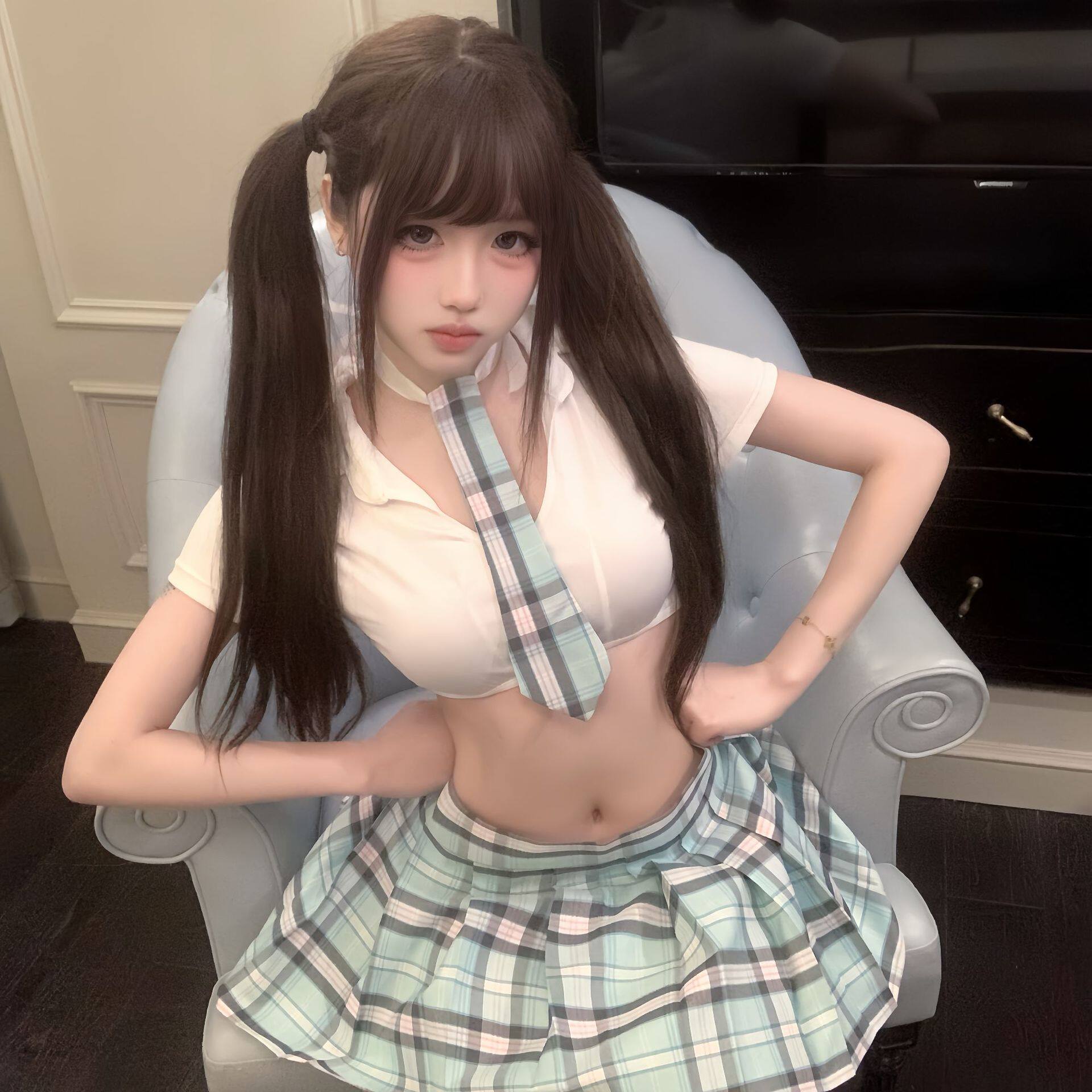 蓝调格纹*性感日系软妹学生装JK短裙清纯学院风百褶裙制服套装女