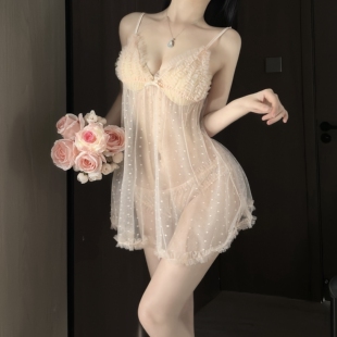 性感波点透视梦幻网纱睡衣深V诱惑开档内裤情调套装纯欲吊带睡裙