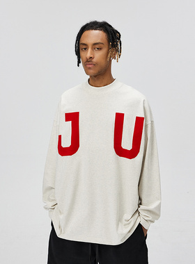 JUNI SANTINO植绒印花长袖T恤2023秋冬新款设计感流行上衣宽松男