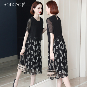 新款高级真丝连衣裙女假两件妈妈遮肉显瘦刺绣桑蚕丝裙子气质夏季