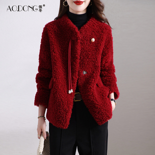 海宁新中式颗粒绒皮草外套女短款国风保暖时尚加厚羊羔毛大衣冬季