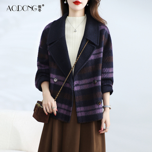 高级感双面绒大衣女短款羊毛呢小个子西装领显瘦千鸟格子外套秋冬