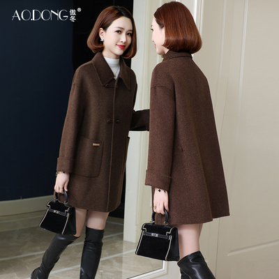 新款双面绒大衣女中长款韩版高级感落肩袖羊毛呢妈妈纯色外套秋冬