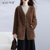 V领保暖一体羊羔毛大衣冬季 2025新款 海宁颗粒绒皮草外套女中长款